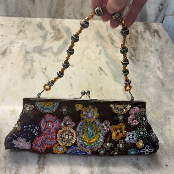 Vintage Brown Satin Beautiful Beaded Floral Bag - Picture 7 of 7
